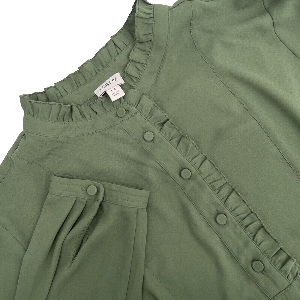 J CREW Womens 14 Olive Covered Button Ruffled Chiffon Semi-Sheer Pullover Blouse